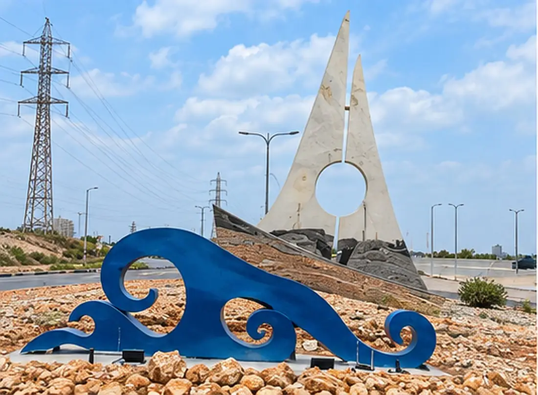 גל ים מפלדה צבועה בכחול, ומאחוריו שער אבן בהיר עם עיגול, בכיכר