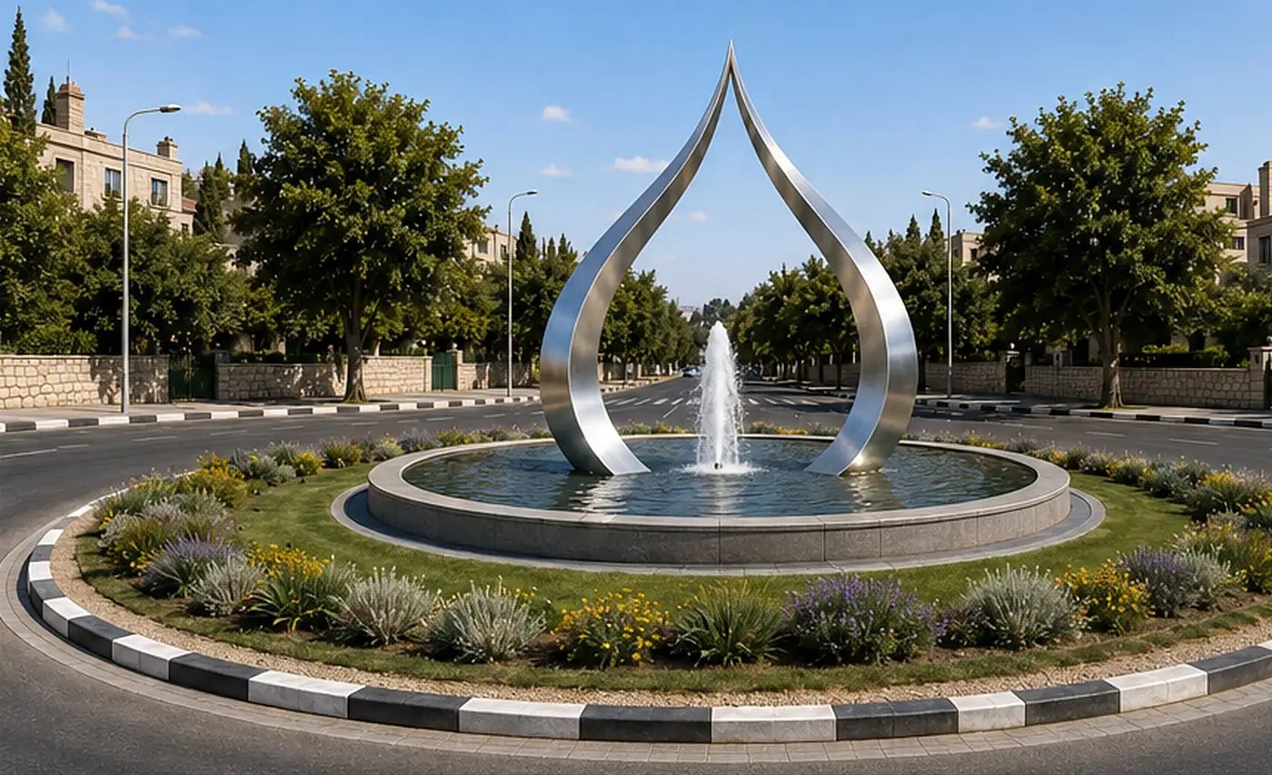 שתי כפות: שני להבי נירוסטה מוברשת בצורת טיפה, ובתוכם סילון מים, הדמיה