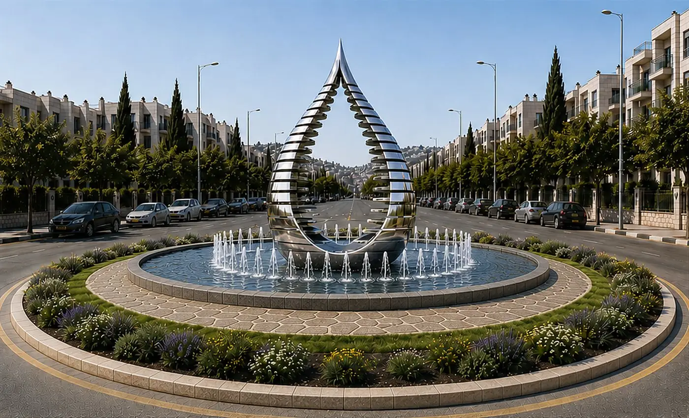 טיפת האור: טיפה של צלעות נירוסטה מלוטשת מעל בריכה עגולה, עם טבעת סילונים סביבה, הדמיה