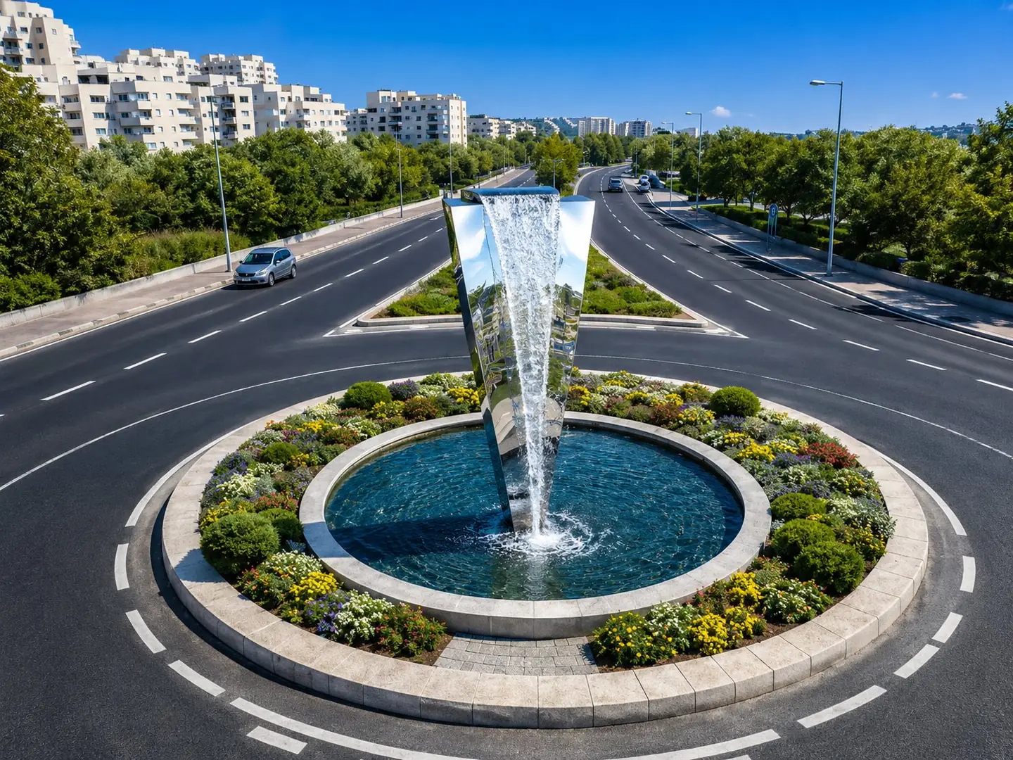 מפל המראה: גוף נירוסטה מלוטש בצורת משפך, שממנו נופל מפל מים לבריכה, הדמיה