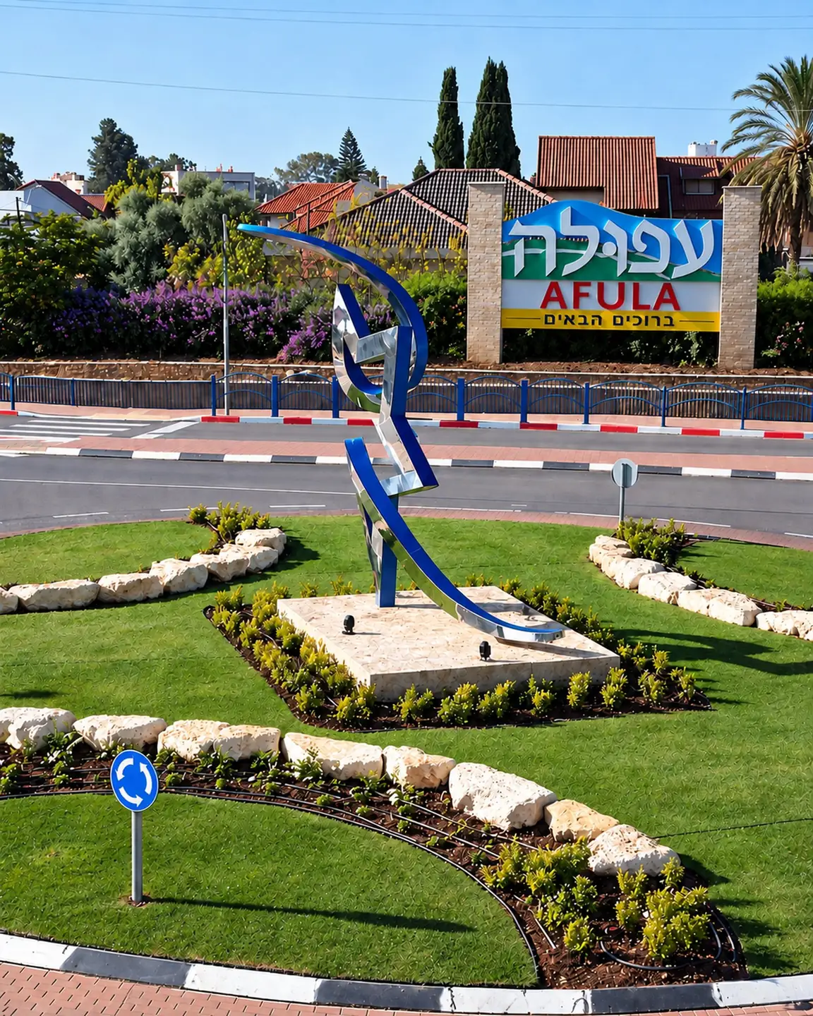 תנופת העמק: פסל נירוסטה מלוטשת עם פנים כחולות בכיכר הכניסה לעפולה, מול שלט העיר
