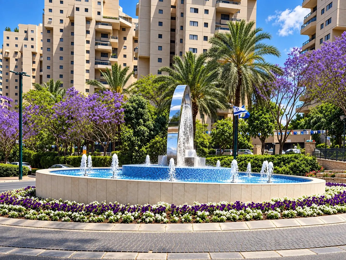 מזרקה עגולה בחיפוי אבן ופסיפס כחול, ובמרכזה קשת נירוסטה שממנה נופלים מים