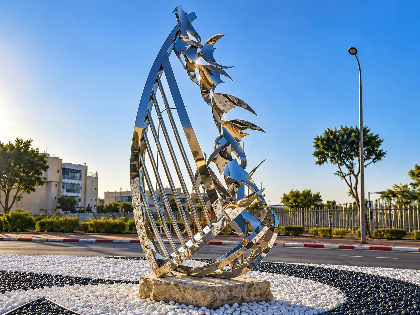 מיצג השחפים: מסגרת נירוסטה מעוקלת שממנה ממריאה להקת שחפים מנירוסטה מלוטשת, על סלע בכיכר מרוצפת בחלוקי נחל, באשקלון