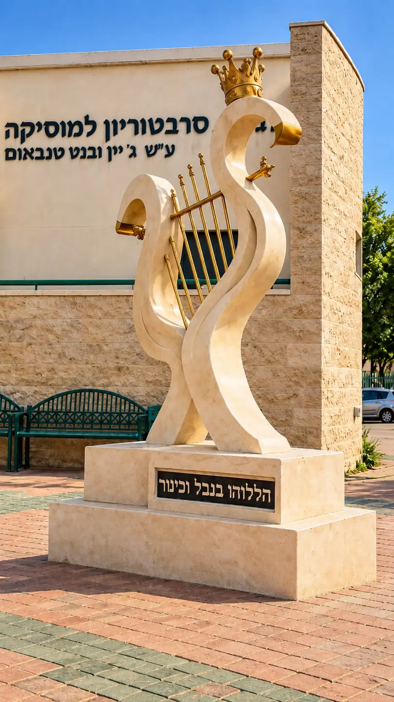 נבל דוד: נבל מפוסל בשיש בהיר עם מיתרים וכתר בגימור זהב, על בסיס שיש עם הכיתוב הללוהו בנבל וכינור, מול הקונסרבטוריון למוסיקה
