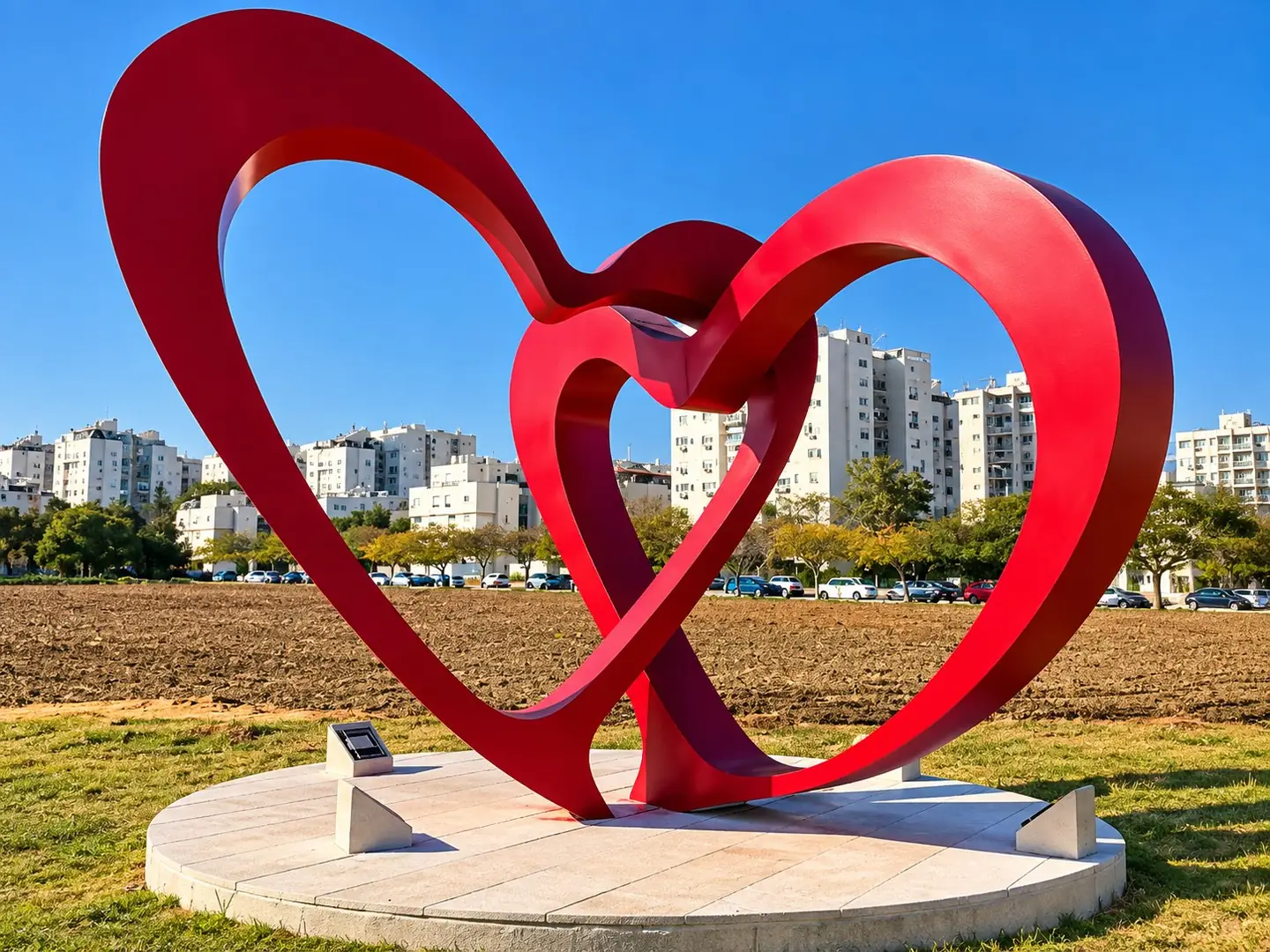 לב השכונה: שני לבבות אדומים גדולים שזורים זה בזה, על במה עגולה מחופה אבן, בכניסה לשכונת גני אביב בלוד