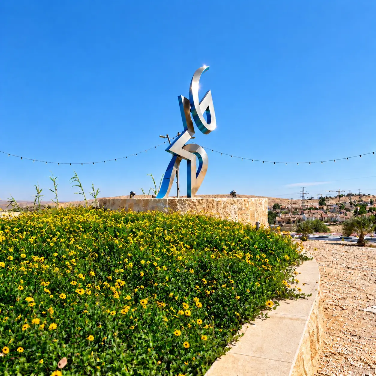 מגן דוד: רצועות נירוסטה מלוטשת שחתכיהן צבועים בתכלת, על במה מחופה אבן בכיכר מגוננת