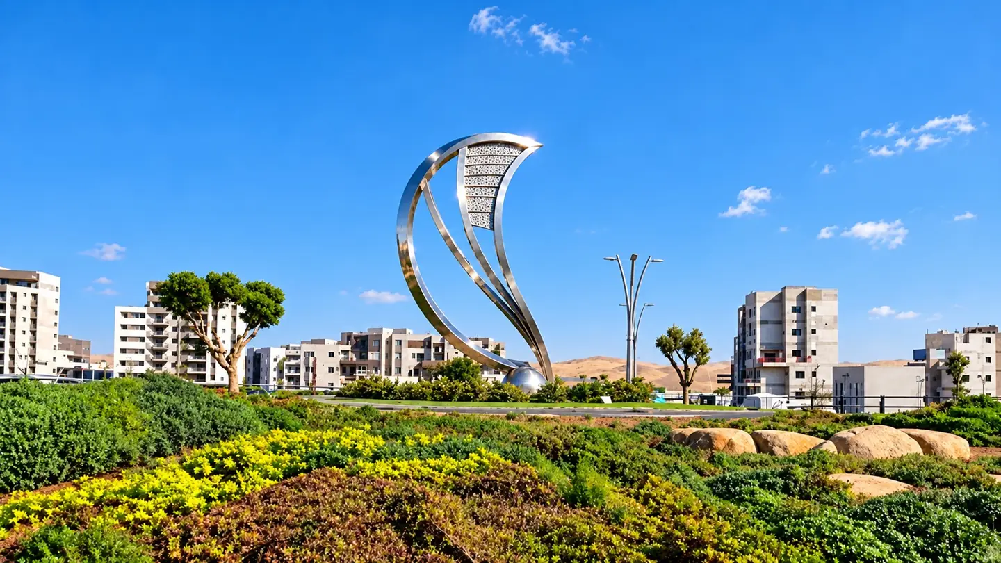 פסל נירוסטה גבוה בצורת מפרש מעוקל עם לוח מחורר, בכניסה לשכונת השחר בדימונה
